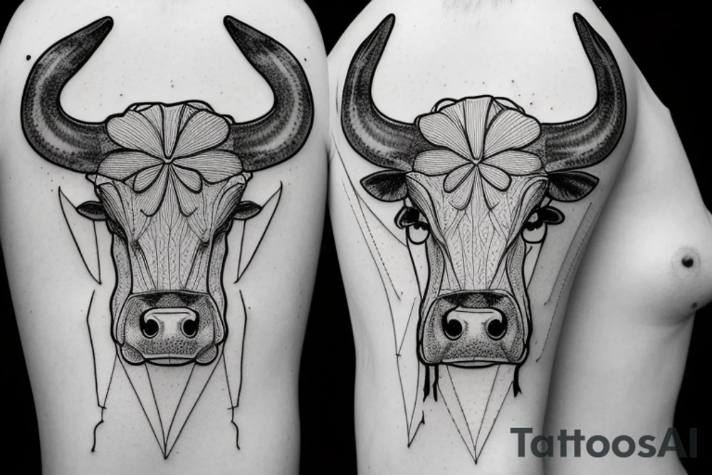 Outline dairy cow head with big glossy eyes, mushroom spore third eye tattoo idea