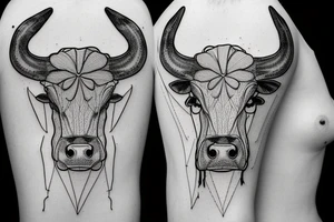 Outline dairy cow head with big glossy eyes, mushroom spore third eye tattoo idea