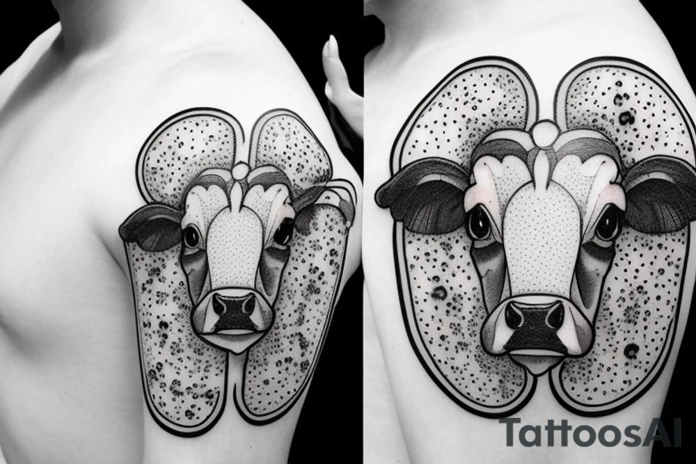 Outline dairy cow head with big glossy eyes, mushroom spore third eye tattoo idea