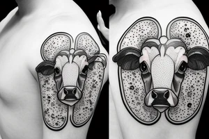Outline dairy cow head with big glossy eyes, mushroom spore third eye tattoo idea