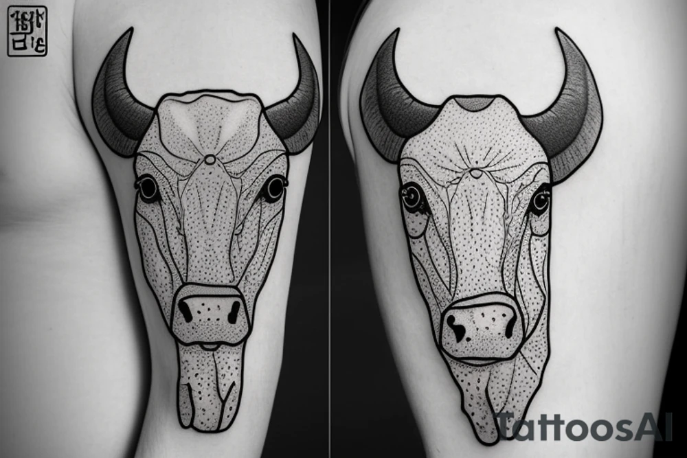 Outline dairy cow head with big glossy eyes, mushroom spore third eye tattoo idea