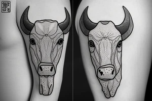 Outline dairy cow head with big glossy eyes, mushroom spore third eye tattoo idea