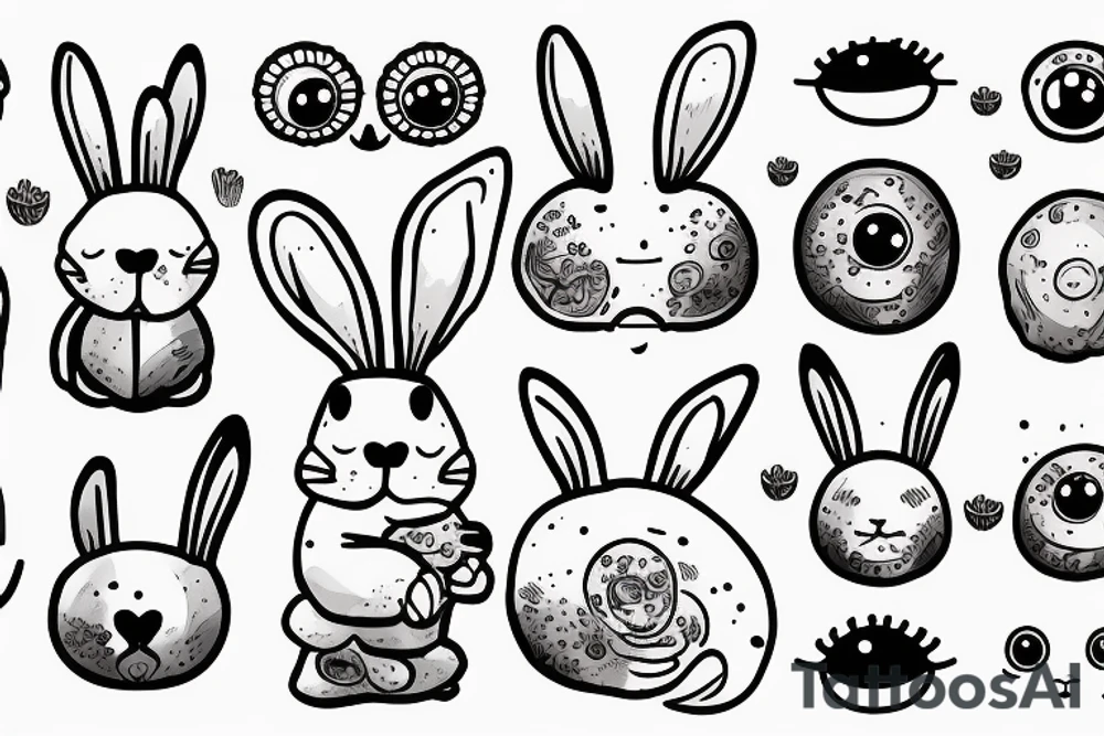 Outline bunny with big glossy eyes and mushroom spore third eye tattoo idea