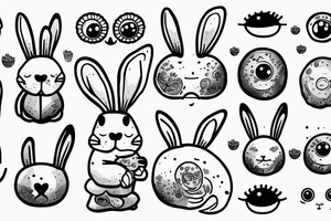 Outline bunny with big glossy eyes and mushroom spore third eye tattoo idea