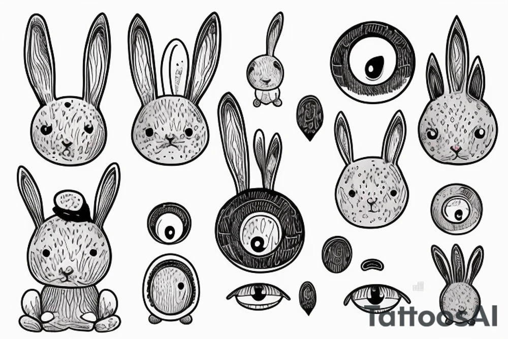 Outline bunny with big glossy eyes and mushroom spore third eye tattoo idea