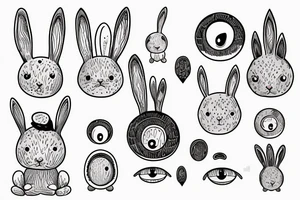 Outline bunny with big glossy eyes and mushroom spore third eye tattoo idea