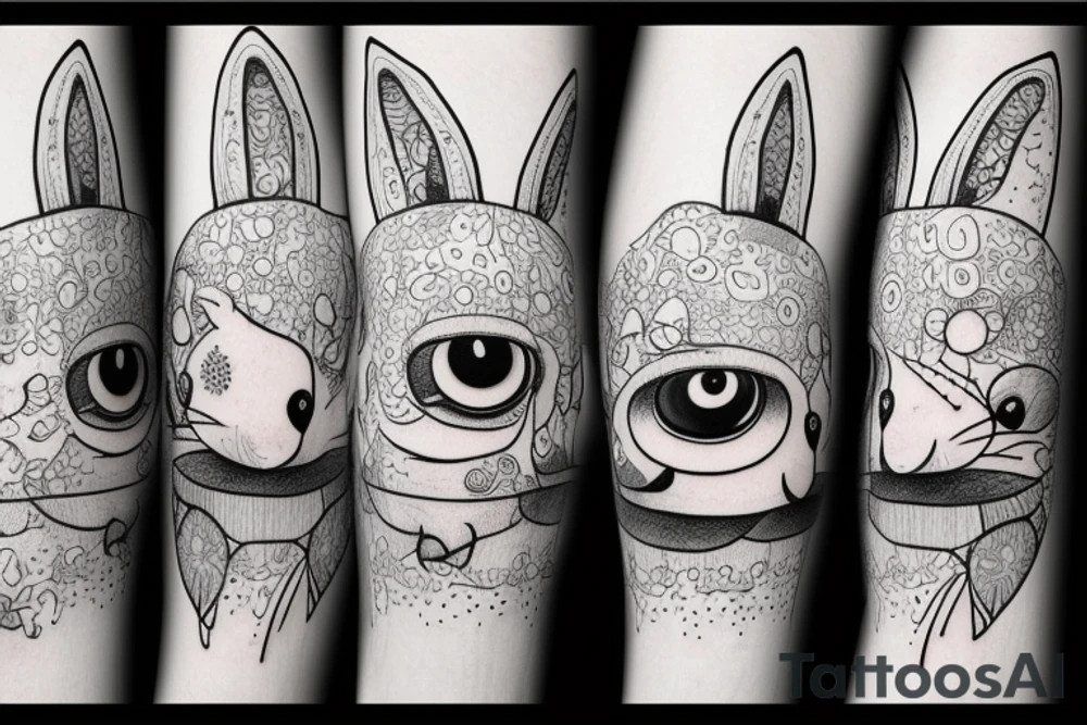 Outline bunny with big glossy eyes and mushroom spore third eye tattoo idea