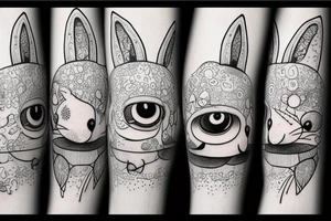 Outline bunny with big glossy eyes and mushroom spore third eye tattoo idea