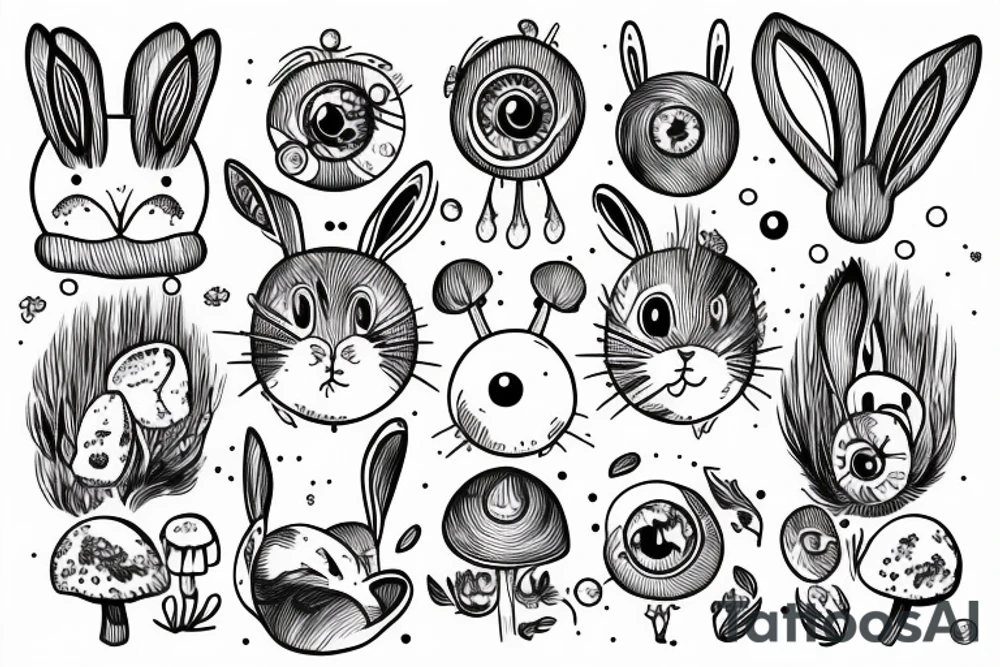 Outline bunny with big glossy eyes and mushroom spore third eye tattoo idea