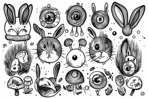 Outline bunny with big glossy eyes and mushroom spore third eye tattoo idea