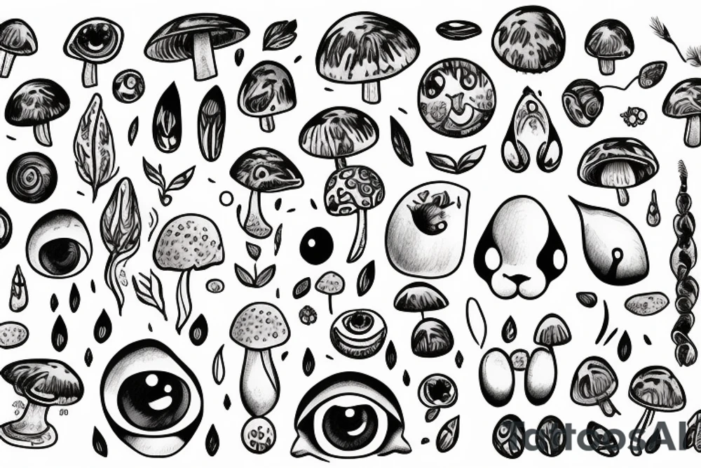Outline bunny with big glossy eyes and mushroom spore third eye tattoo idea