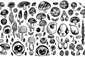 Outline bunny with big glossy eyes and mushroom spore third eye tattoo idea