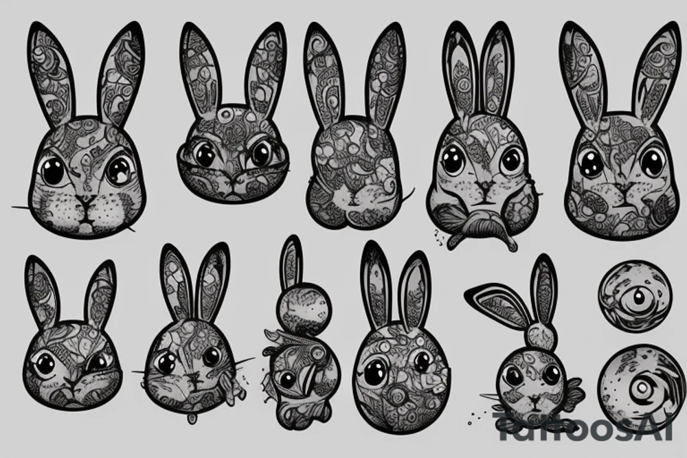 Outline bunny with big glossy eyes and mushroom spore third eye tattoo idea