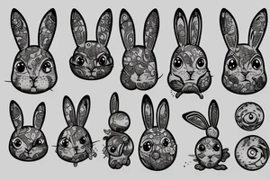 Outline bunny with big glossy eyes and mushroom spore third eye tattoo idea