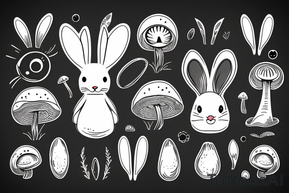 Outline bunny with big glossy eyes and mushroom spore third eye tattoo idea
