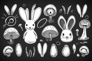 Outline bunny with big glossy eyes and mushroom spore third eye tattoo idea