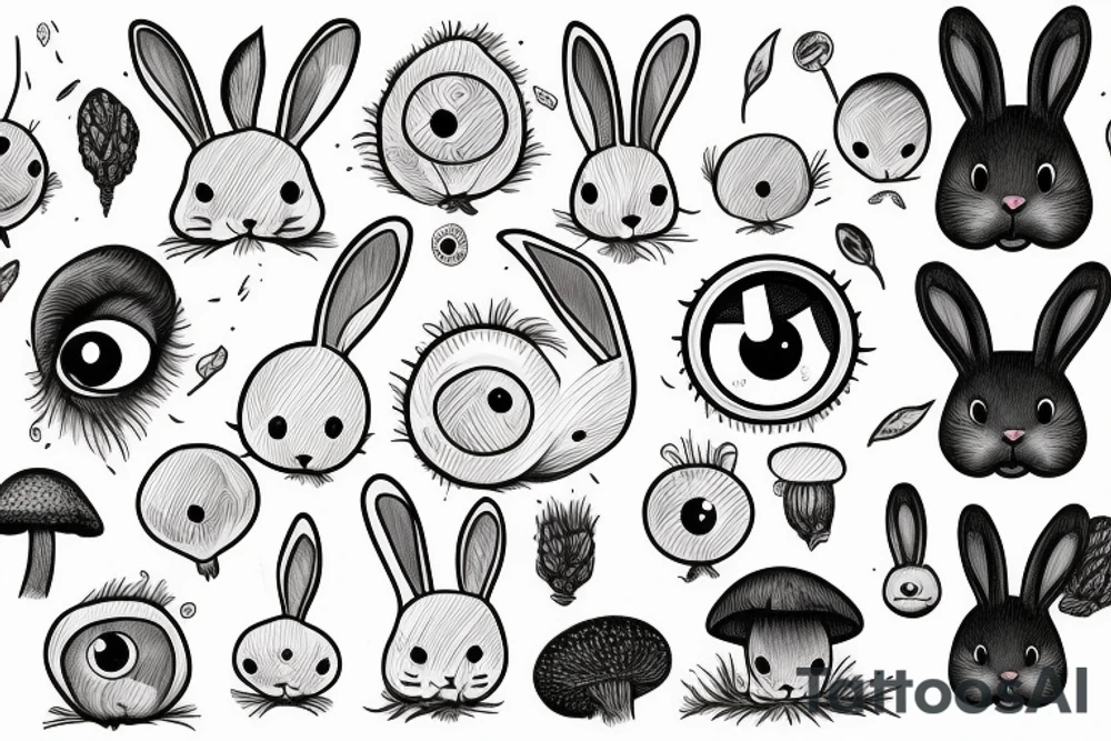 Outline bunny with big glossy eyes and mushroom spore third eye tattoo idea