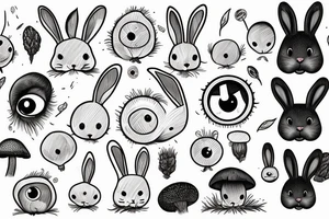 Outline bunny with big glossy eyes and mushroom spore third eye tattoo idea