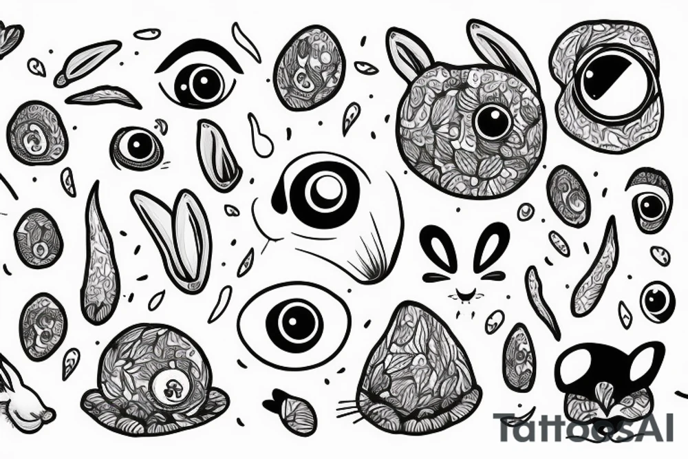 Outline bunny with big glossy eyes and mushroom spore third eye tattoo idea
