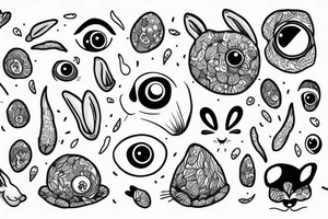 Outline bunny with big glossy eyes and mushroom spore third eye tattoo idea