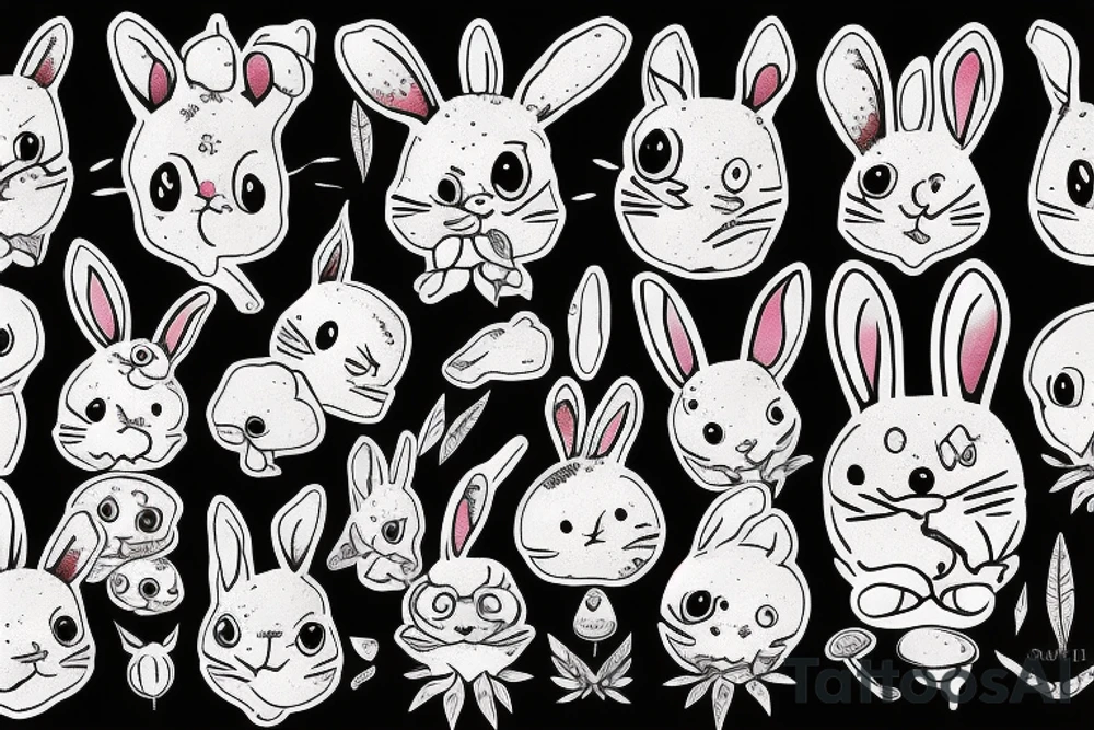 Outline bunny with big glossy eyes and mushroom spore third eye tattoo idea