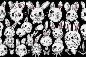 Outline bunny with big glossy eyes and mushroom spore third eye tattoo idea