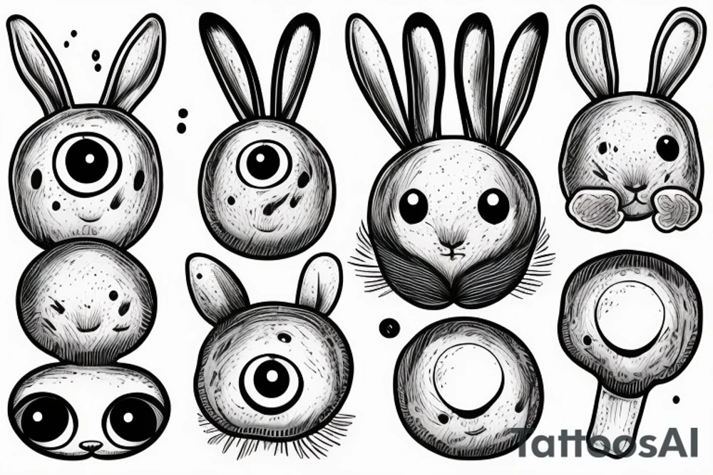 Outline bunny with big glossy eyes and mushroom spore third eye tattoo idea