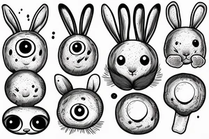 Outline bunny with big glossy eyes and mushroom spore third eye tattoo idea