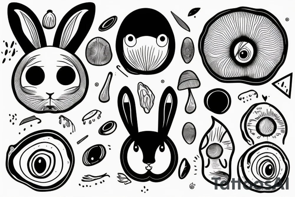 Outline bunny with big glossy eyes and mushroom spore third eye tattoo idea