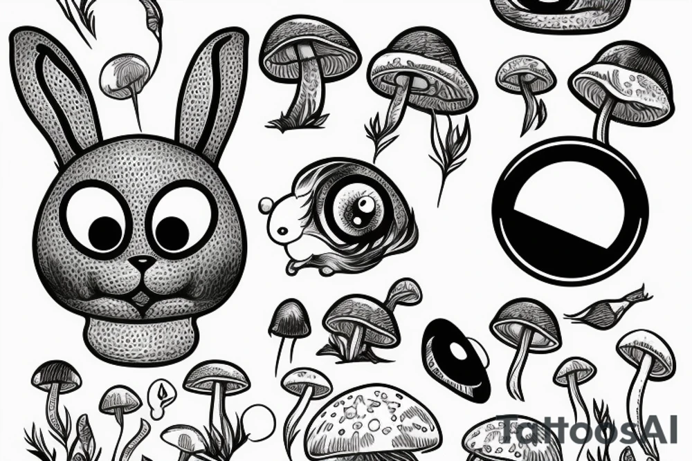 Outline bunny with big glossy eyes and mushroom spore third eye tattoo idea