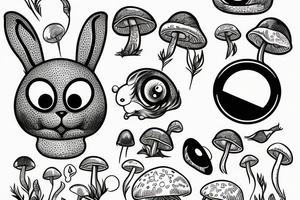 Outline bunny with big glossy eyes and mushroom spore third eye tattoo idea