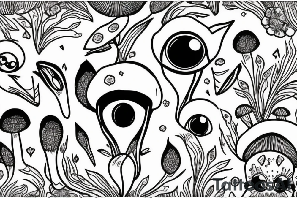 Outline bunny with big glossy eyes and mushroom spore third eye tattoo idea