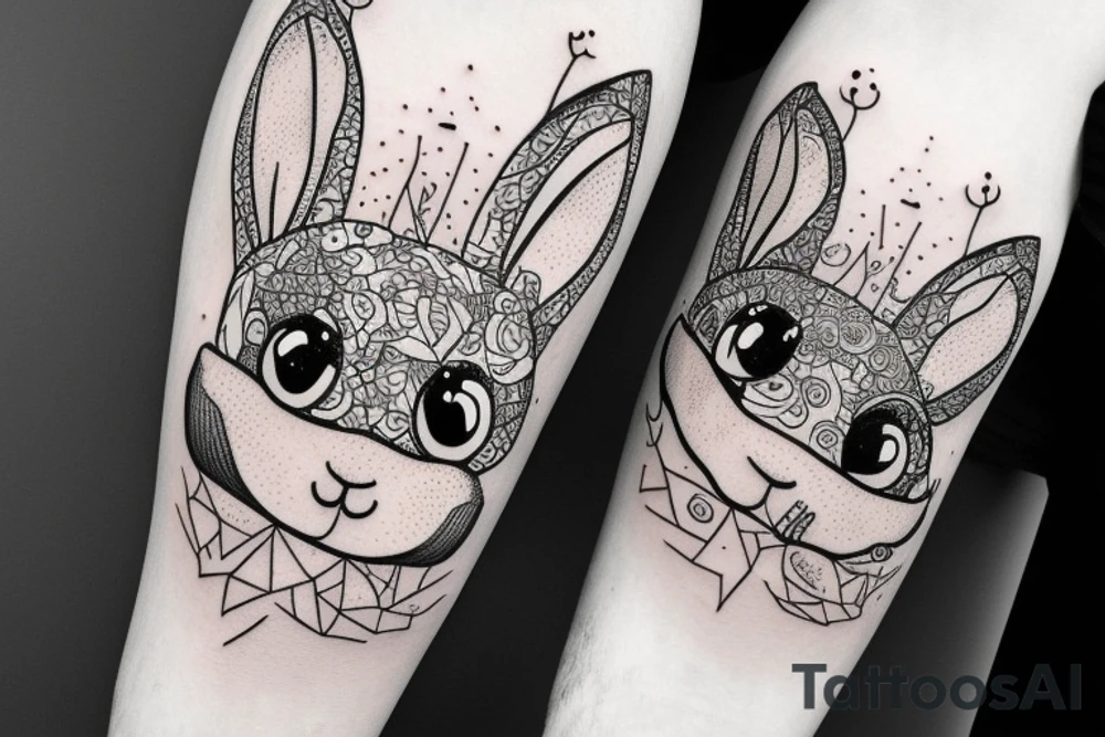 Outline bunny with big glossy eyes and mushroom spore third eye tattoo idea
