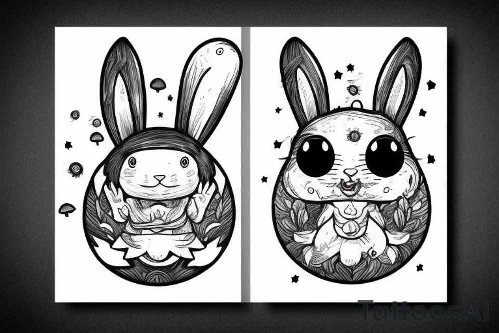 Outline bunny with big glossy eyes and mushroom spore third eye tattoo idea