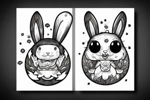 Outline bunny with big glossy eyes and mushroom spore third eye tattoo idea