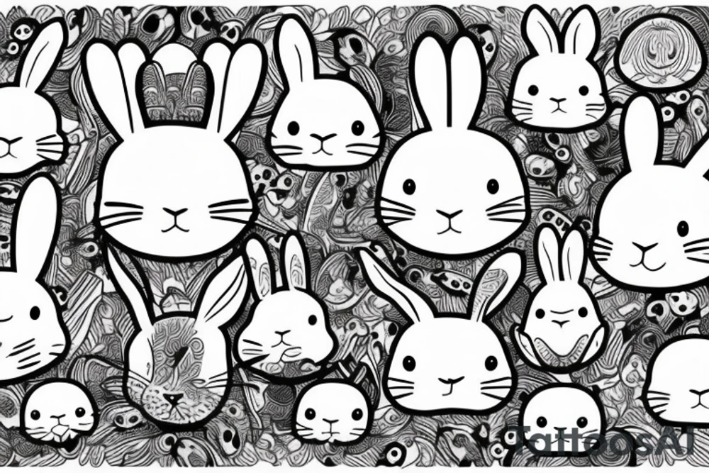 Outline bunny with big glossy eyes and mushroom spore third eye tattoo idea