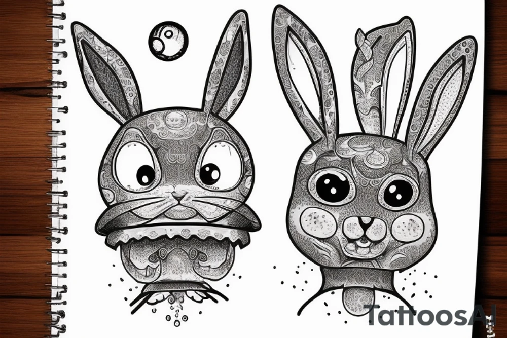 Outline bunny with big glossy eyes and mushroom spore third eye tattoo idea