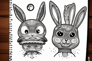 Outline bunny with big glossy eyes and mushroom spore third eye tattoo idea
