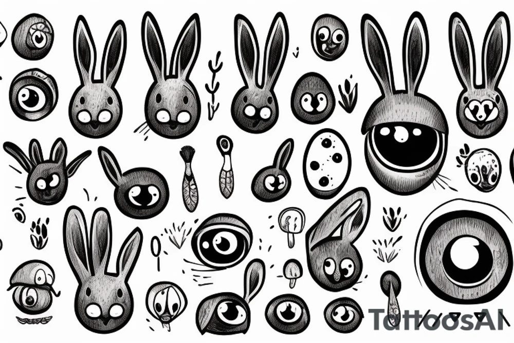 Outline bunny with big glossy eyes and mushroom spore third eye tattoo idea