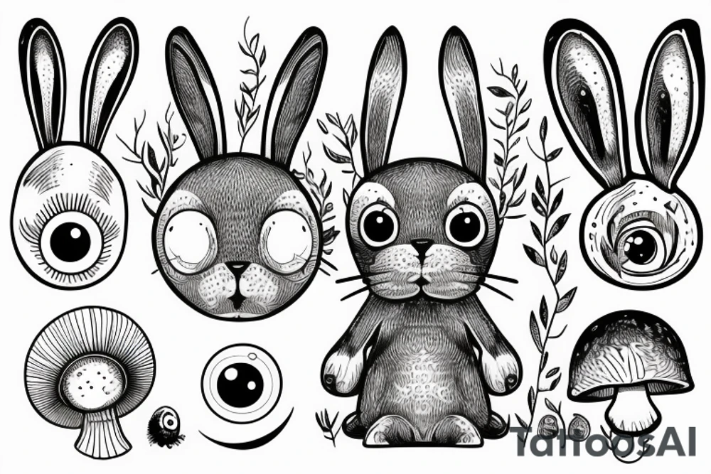 Outline bunny with big glossy eyes and mushroom spore third eye tattoo idea