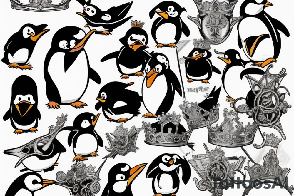 Angry penguin with a crown on his head tattoo idea