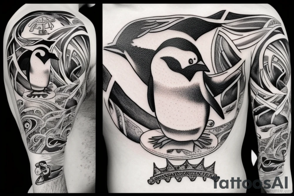 Angry penguin with a crown on his head tattoo idea