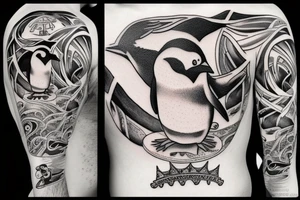 Angry penguin with a crown on his head tattoo idea