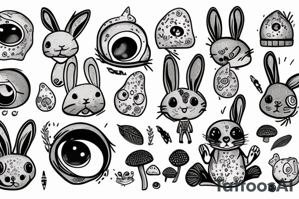 Outline bunny with big glossy eyes and mushroom spore third eye tattoo idea