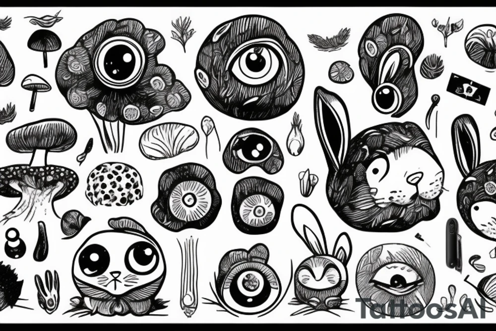 Outline bunny with big glossy eyes and mushroom spore third eye tattoo idea