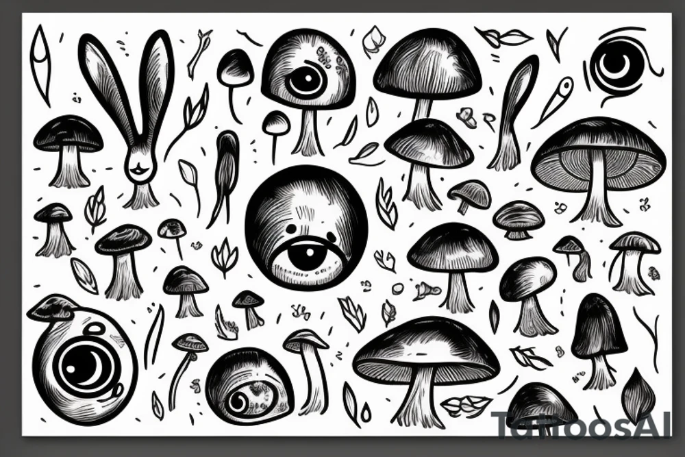 Outline bunny with big glossy eyes and mushroom spore third eye tattoo idea