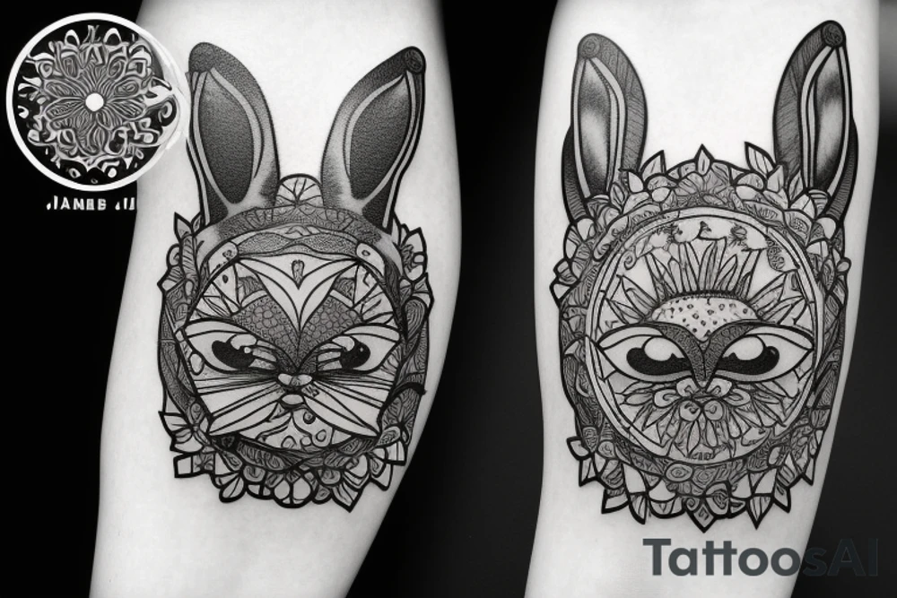 Outline bunny with big glossy eyes and mushroom spore third eye tattoo idea