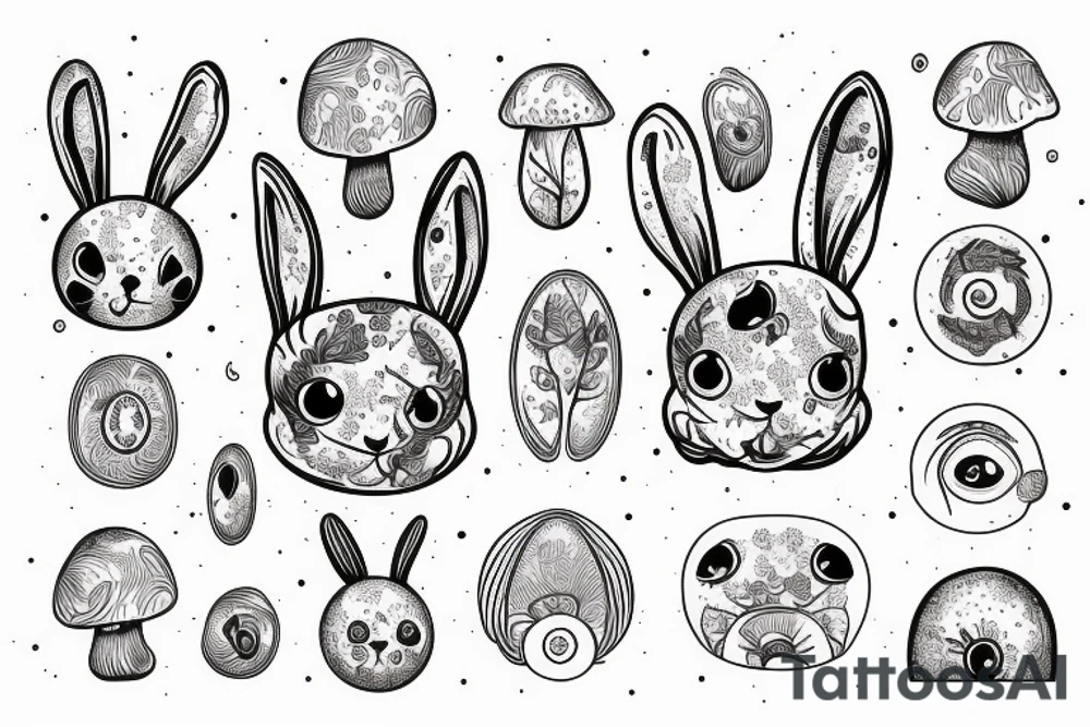 Outline bunny with big glossy eyes and mushroom spore third eye tattoo idea