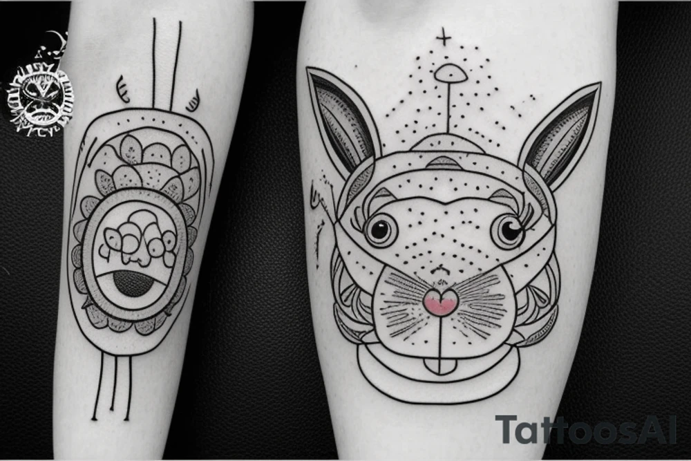 Outline bunny with big glossy eyes and mushroom spore third eye tattoo idea