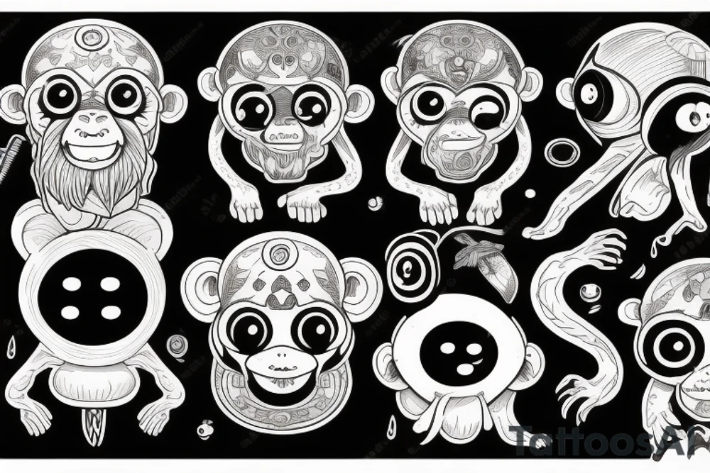 Outline monkey with big glossy eyes and mushroom spore third eye tattoo idea Outline monkey with big glossy eyes and mushroom spore third eye tattoo idea